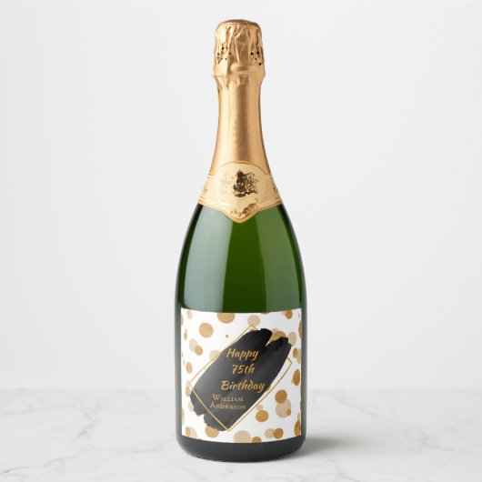 Gepersonaliseerde verjaardag Moderne zwarte en gou Sparkling Wijnetiket (Voorkant)