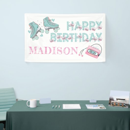Gepersonaliseerde verjaardag rolschaatspastel spandoek (Beurs)