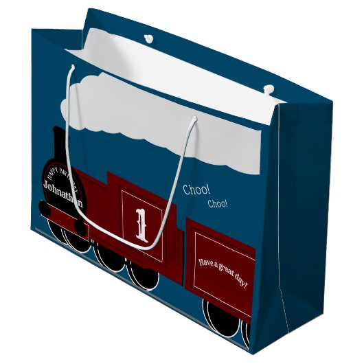 Gepersonaliseerde verjaardag van stoomtrein groot cadeauzakje (Voorkant Gekanteld)