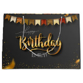 Gepersonaliseerde Verjaardag Zwart en goud Stripes Groot Cadeauzakje (Voorkant)