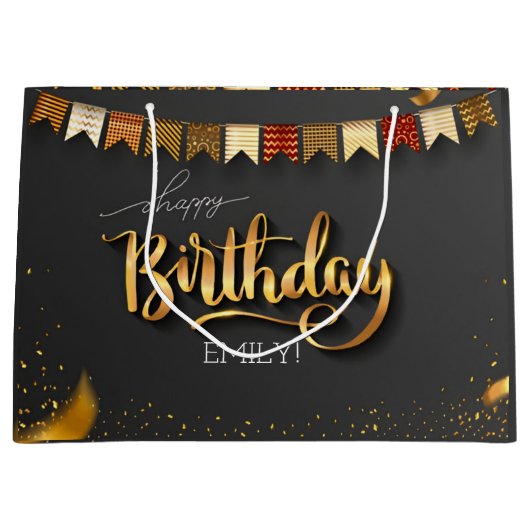 Gepersonaliseerde Verjaardag Zwart en goud Stripes Groot Cadeauzakje (Voorkant)