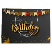 Gepersonaliseerde Verjaardag Zwart en goud Stripes Groot Cadeauzakje (Achterkant)