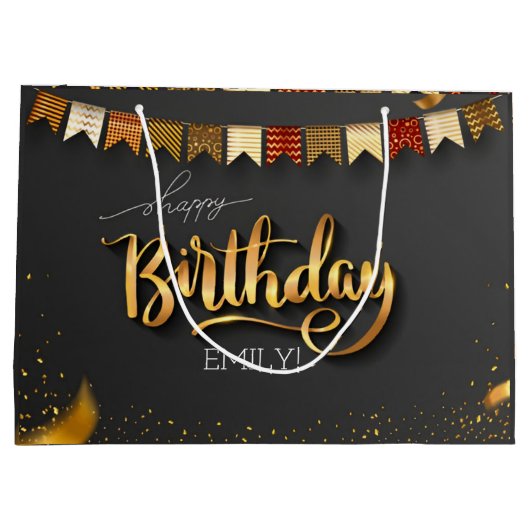 Gepersonaliseerde Verjaardag Zwart en goud Stripes Groot Cadeauzakje (Achterkant)