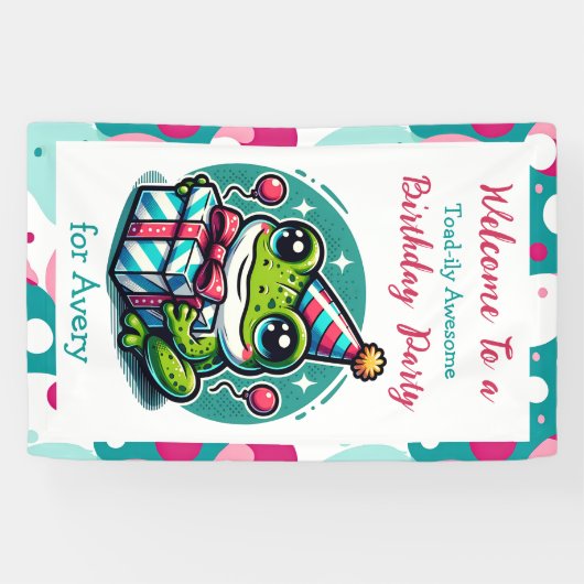 Gepersonaliseerde verjaardagsfeestje kikker thema  spandoek (Horizontaal)