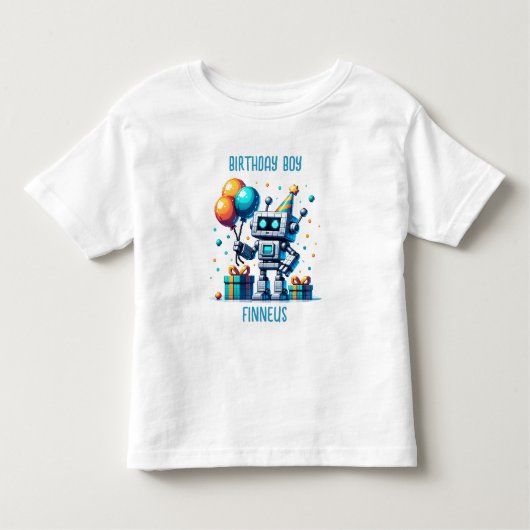 Gepersonaliseerde Verjaardagsjongen Pixel Robot Kinder Shirts (Voorkant)