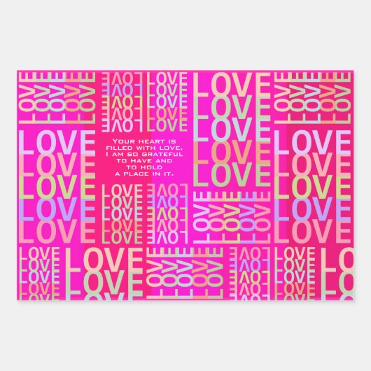 Gepersonaliseerde Vibrant Hot Pink, Blauw "LOVE" P Inpakpapier Vel (Voorkant)