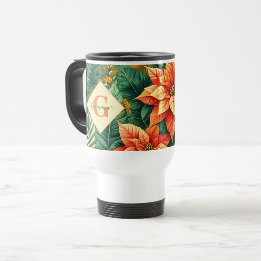 Gepersonaliseerde Vibrant Tropical Christmas Poins Reisbeker (Voorkant links)