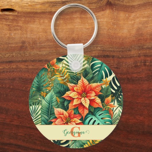 Gepersonaliseerde Vibrant Tropical Christmas Poins Sleutelhanger (Voorkant)