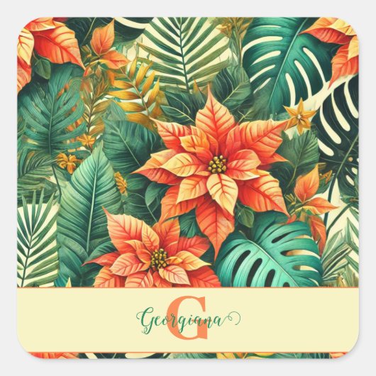Gepersonaliseerde Vibrant Tropical Christmas Poins Vierkante Sticker (Voorkant)