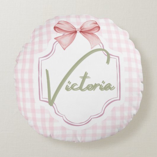 Gepersonaliseerde Victoria Baby Girl Nursery Bow Rond Kussen (Voorkant)