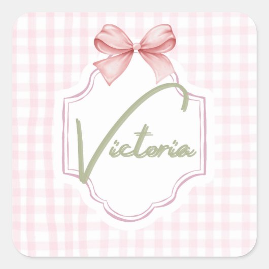 Gepersonaliseerde Victoria Baby Girl Nursery Bow Vierkante Sticker (Voorkant)