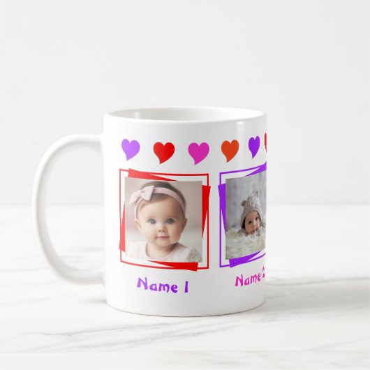 Gepersonaliseerde Vier Foto's, Kleurrijke Harten,  Mok (Links)