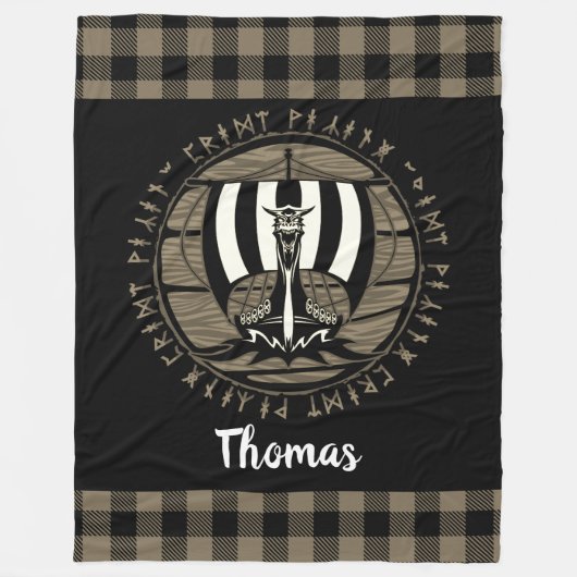 Gepersonaliseerde Viking Dragon Long Ship Runes Zw Fleece Deken (Voorkant)