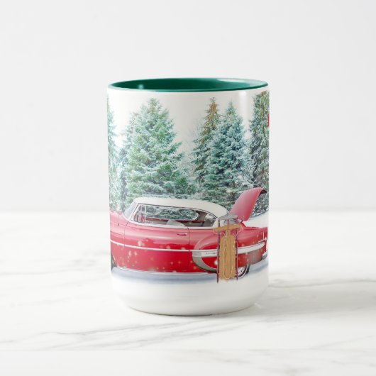 Gepersonaliseerde vintage auto winterscène, winter mok (Midden)