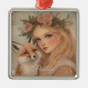 Gepersonaliseerde Vintage Christmas Girl & Fox Kee Metalen Ornament