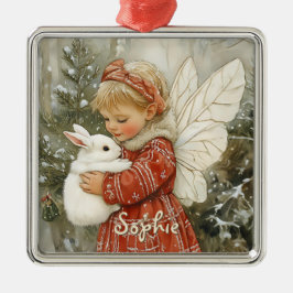 Gepersonaliseerde Vintage Kerstfee met Bunny Metalen Ornament