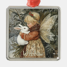 Gepersonaliseerde Vintage Kerstfee met Bunny Metalen Ornament