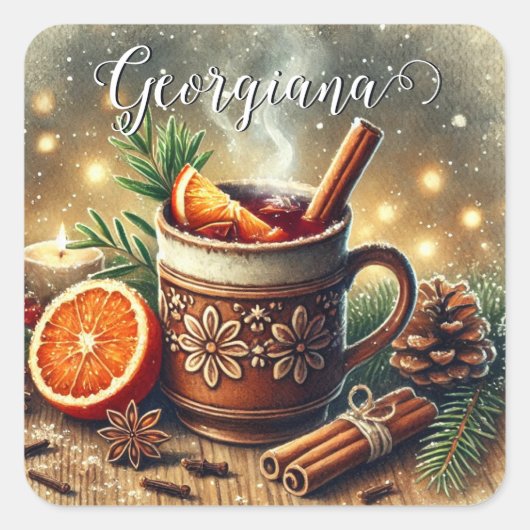 Gepersonaliseerde Vintage Kerstmarkt Mulled Wine Vierkante Sticker (Voorkant)
