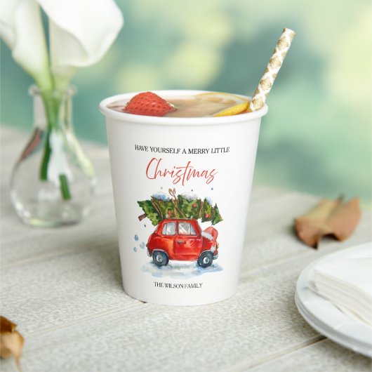 Gepersonaliseerde Vintage Kerstmis – Rode auto met Papieren Bekers (Insitu)