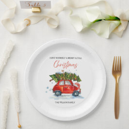Gepersonaliseerde Vintage Kerstmis – Rode auto met Papieren Bordje