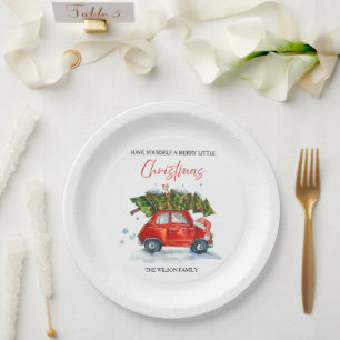 Gepersonaliseerde Vintage Kerstmis – Rode auto met Papieren Bordje