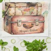 Gepersonaliseerde vintage reisillustratie theedoek (Gevouwen)