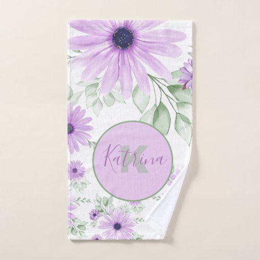 Gepersonaliseerde Violet & Groene Waterverf Bloeme Bad Handdoek (Handdoek)