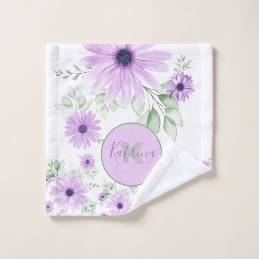 Gepersonaliseerde Violet & Groene Waterverf Bloeme Bad Handdoek (Wasdoekje)