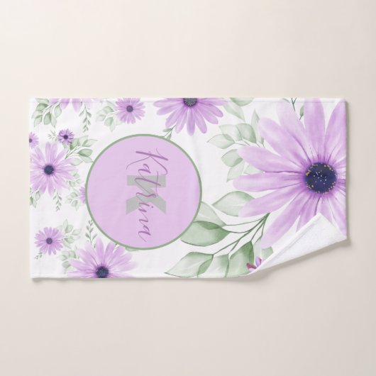 Gepersonaliseerde Violet & Groene Waterverf Bloeme Bad Handdoek (Handdoek)