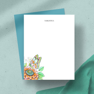 Gepersonaliseerde Vlinder en Bloemen Stationery Notitiekaartje