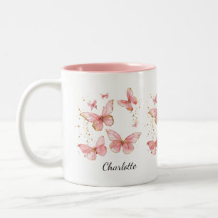 GEPERSONALISEerde Vlinder Mok, Cute Roze Vlinder Tweekleurige Koffiemok