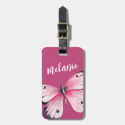 Gepersonaliseerde vlinder roze wit bagagelabel (Voorkant verticaal)
