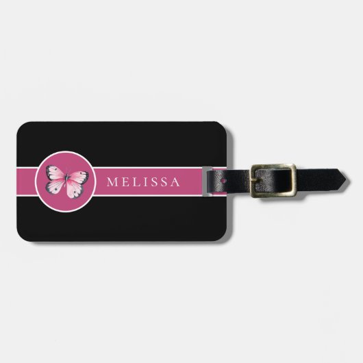 Gepersonaliseerde vlinder zwart roze wit bagagelabel (Voorkant horizontaal)