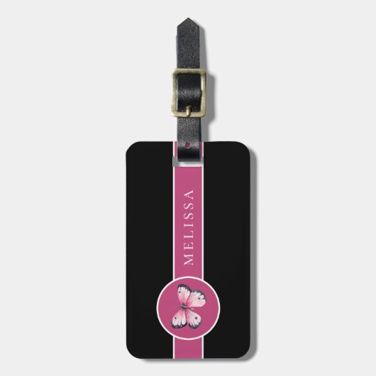 Gepersonaliseerde vlinder zwart roze wit bagagelabel (Voorkant verticaal)