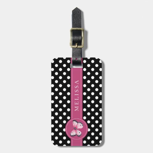 Gepersonaliseerde vlinder zwart roze wit polka sti bagagelabel (Voorkant verticaal)