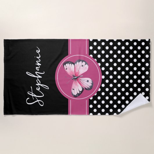 Gepersonaliseerde vlinder zwart roze wit polka sti strandlaken (Voorkant)