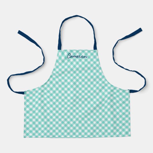Gepersonaliseerde Voeg Jouw naam Mint Gingham Kind Schort (Voorkant)
