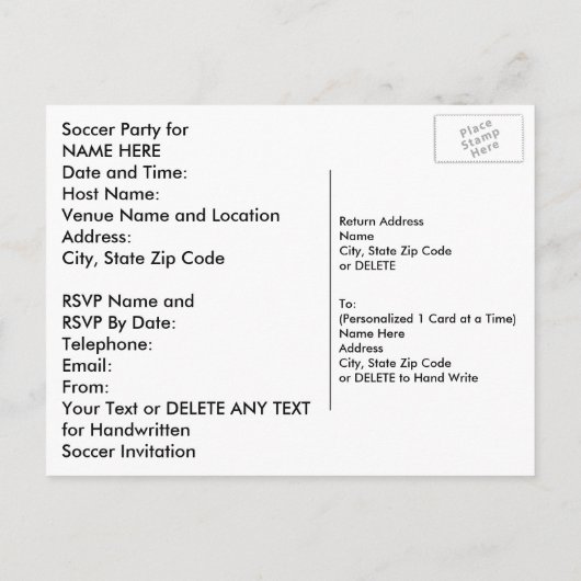 Gepersonaliseerde Voetbal Uitnodigingen, JOUW TEKS Uitnodiging Briefkaart (Achterkant)