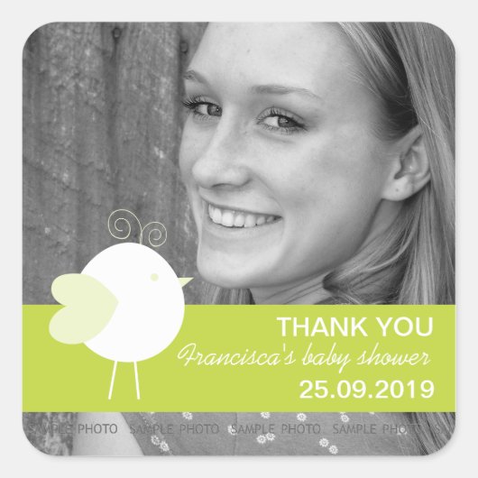 Gepersonaliseerde Vogel Baby shower Favorieten Fot Vierkante Sticker (Voorkant)