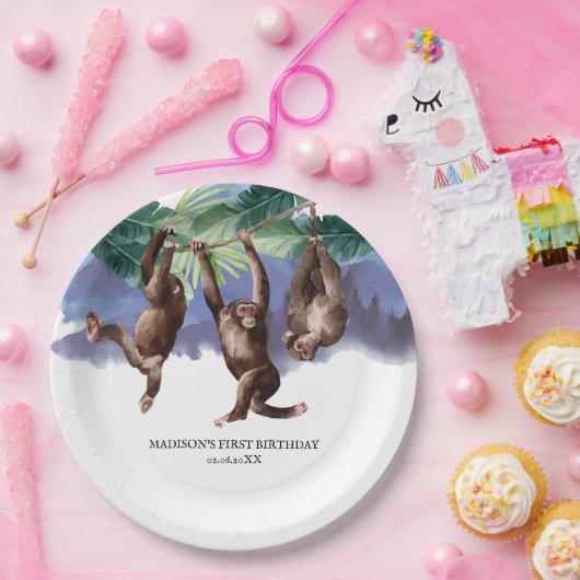 Gepersonaliseerde vogeldag Woodland Forest Monkey Papieren Bordje (Feest)
