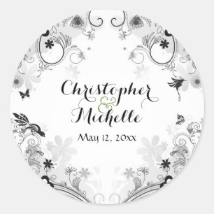 Gepersonaliseerde vogels en bloementuin bruiloft ronde sticker