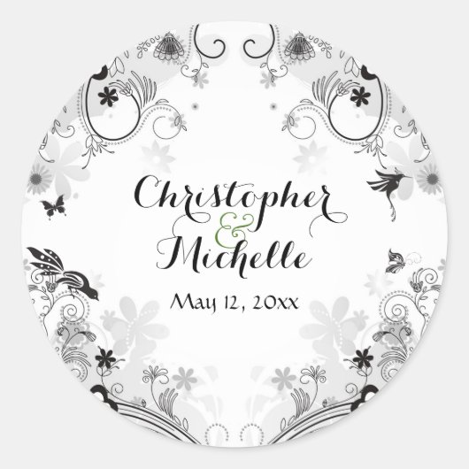 Gepersonaliseerde vogels en bloementuin bruiloft ronde sticker (Voorkant)