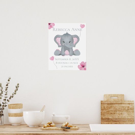Gepersonaliseerde vogelstand Baby olifant roze gri Poster (Keuken)