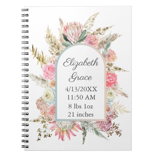 Gepersonaliseerde vogelstand Roze Floral White Bab Notitieboek (Voorkant)