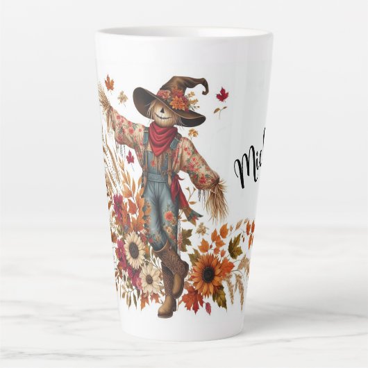 Gepersonaliseerde vogelverschrikker en herfstblade latte mok (Voorkant)