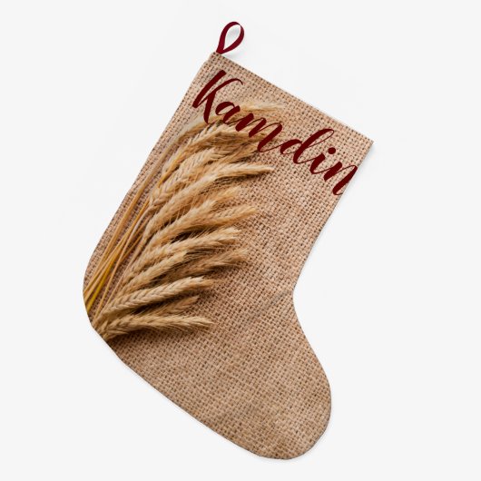 Gepersonaliseerde voorraad tarwe op Burlap Sack Co Grote Kerstsok (Voorkant (Hangend))