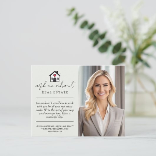 Gepersonaliseerde vraag me over vastgoedmarketing briefkaart (Staand voorkant)