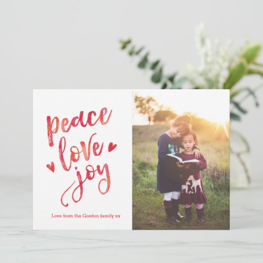 Gepersonaliseerde Vrede liefde plezier Kerstmis fo Feestdagenkaart (Staand voorkant)