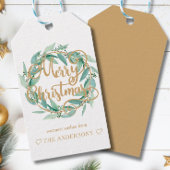 Gepersonaliseerde vrolijke kerst eucalyptus krans cadeaulabel