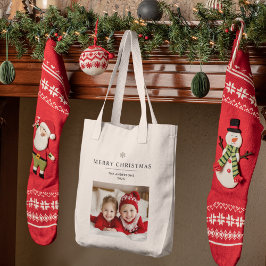 Gepersonaliseerde vrolijke kerst met foto en naam tote bag